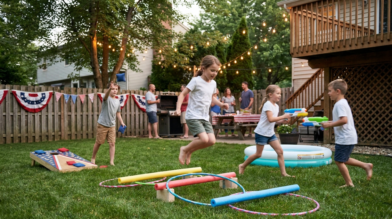 Kids playing — scene for 4th of july backyard game setups for kids