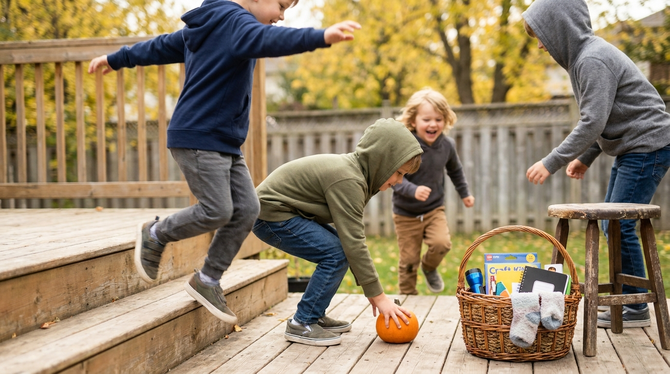 Kids playing — scene for how to build a non-candy boo basket for kids