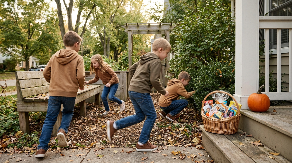Kids playing outside — scene illustrating boo basket scavenger hunt ideas for kids